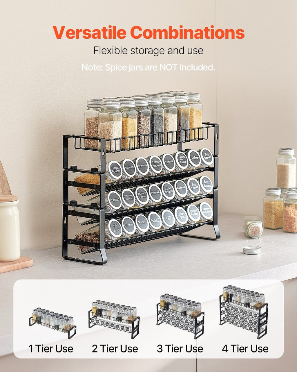Stackable spice rack used as 1, 2, 3 or 4 tiers