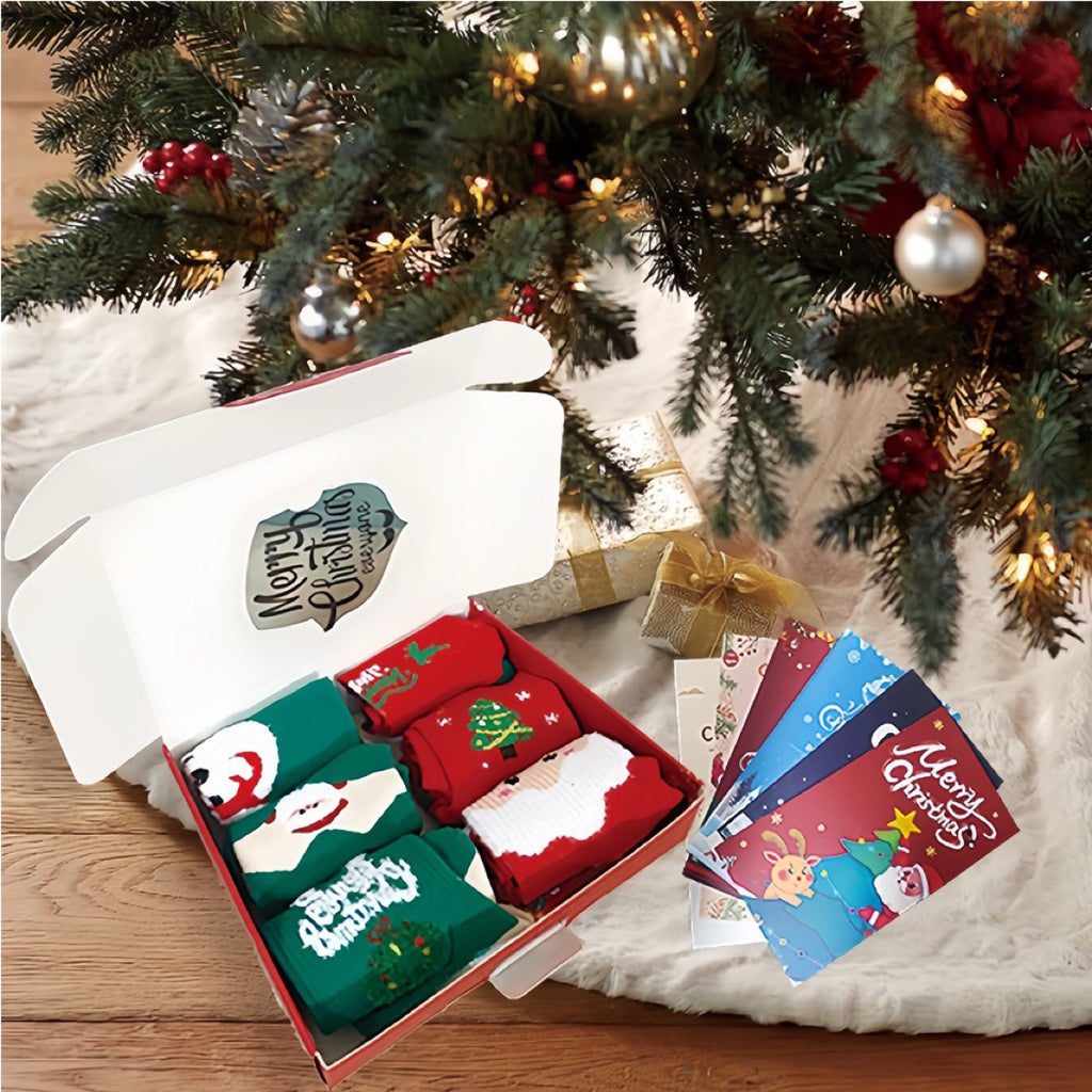 Christmas Socks Gift Set (6 Pairs) — Soft Plush Xmas Socks with 6 Greeting Cards & Festive Gift Box