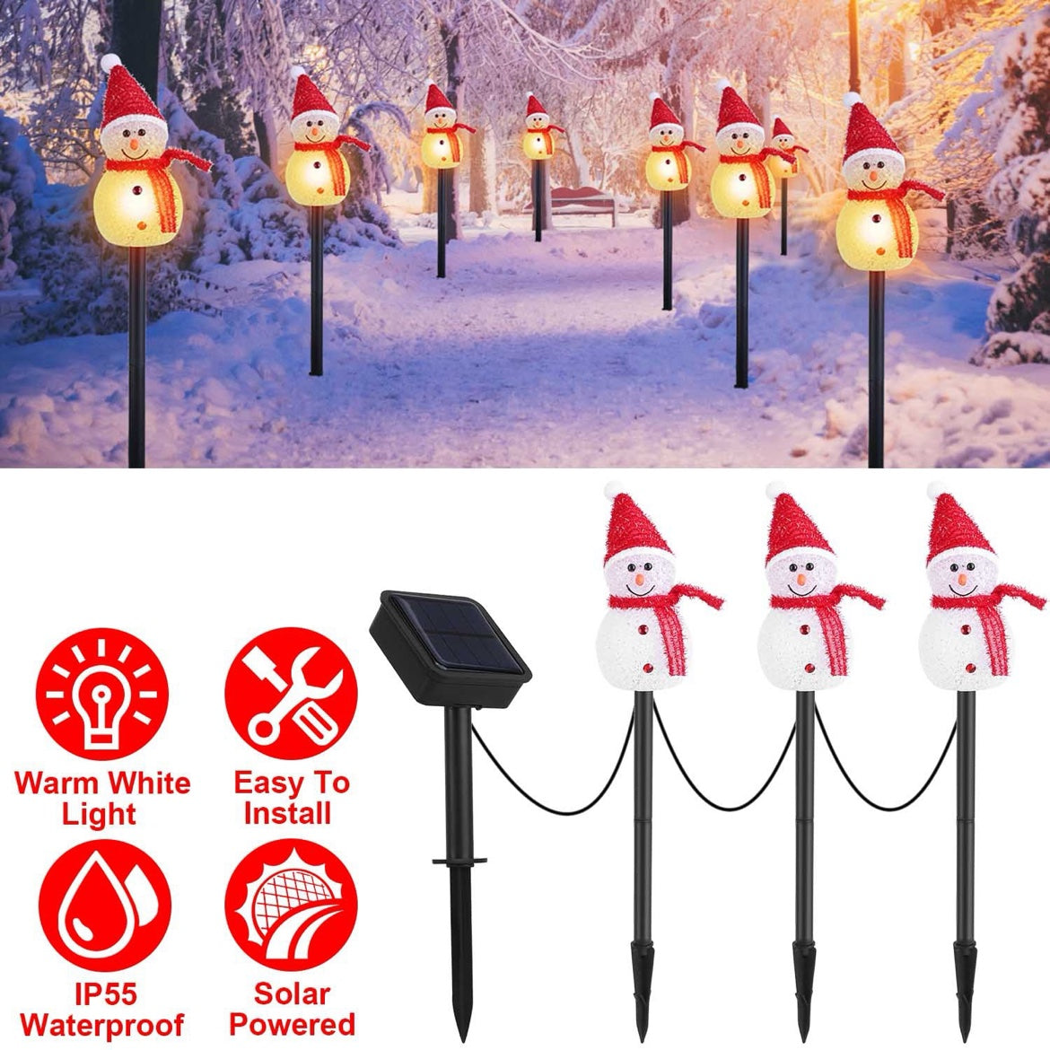 Christmas Solar Snowman Garden Stake Lights — Set of 3 Snowmen Pathway Lights, IP55 Waterproof, Warm White LED