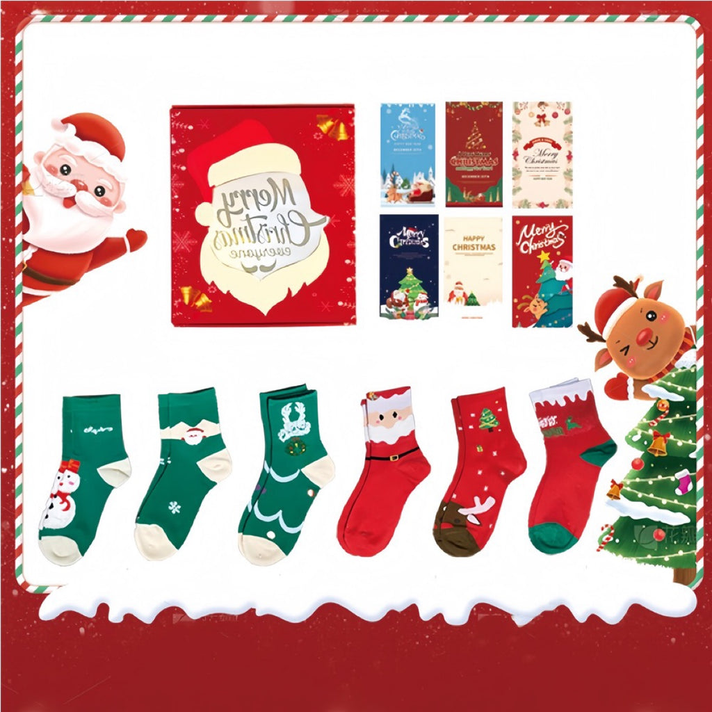 Christmas Socks Gift Set (6 Pairs) — Soft Plush Xmas Socks with 6 Greeting Cards & Festive Gift Box
