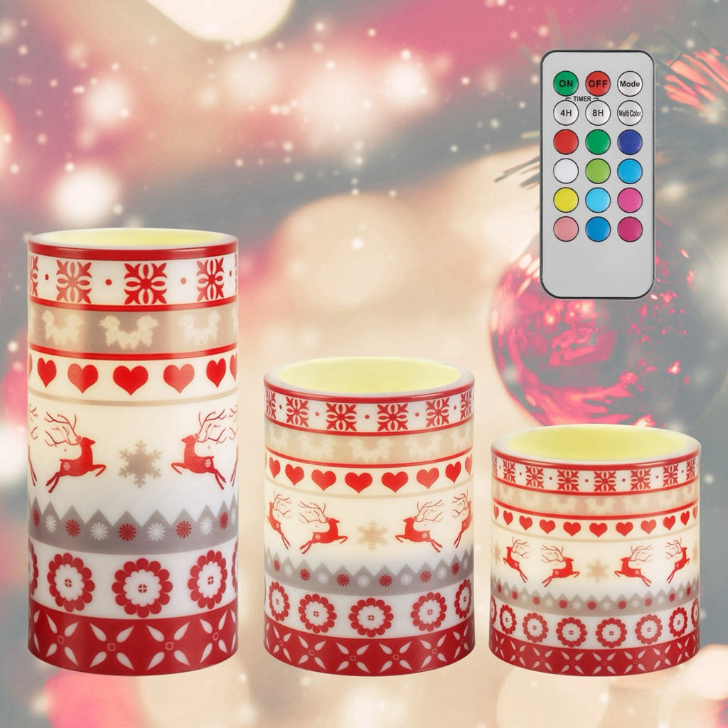 Christmas Flameless LED Candles (Set of 3) — Flickering Pillar Candles with Remote, Timer & 12 Colors