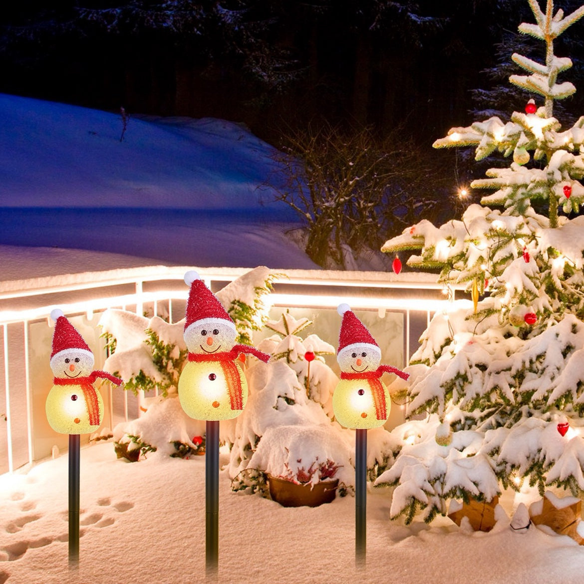 Christmas Solar Snowman Garden Stake Lights — Set of 3 Snowmen Pathway Lights, IP55 Waterproof, Warm White LED