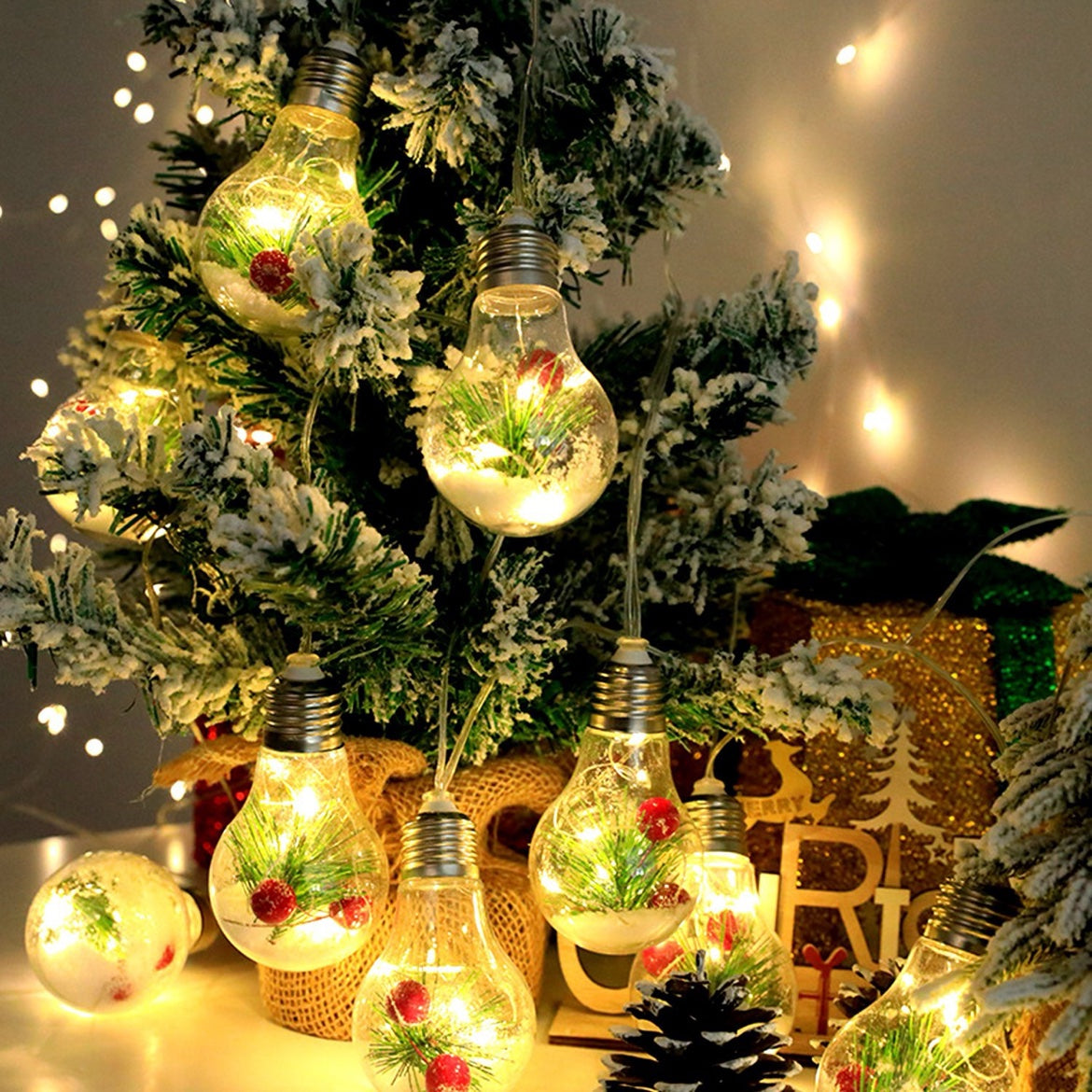 Christmas Snow Globe String Lights — 10 LED Globe Fairy Lights with Pine Needles & Snowflakes, 13.78FT, Battery Powered