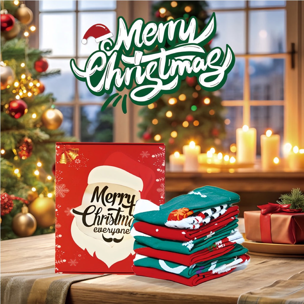 Christmas Socks Gift Set (6 Pairs) — Soft Plush Xmas Socks with 6 Greeting Cards & Festive Gift Box