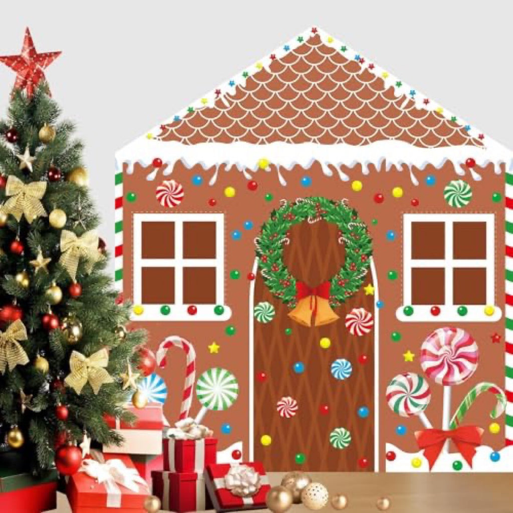 Christmas Gingerbread House Door Cover (4-Piece Set) — Festive Door Decoration with Rope & Glue Dots