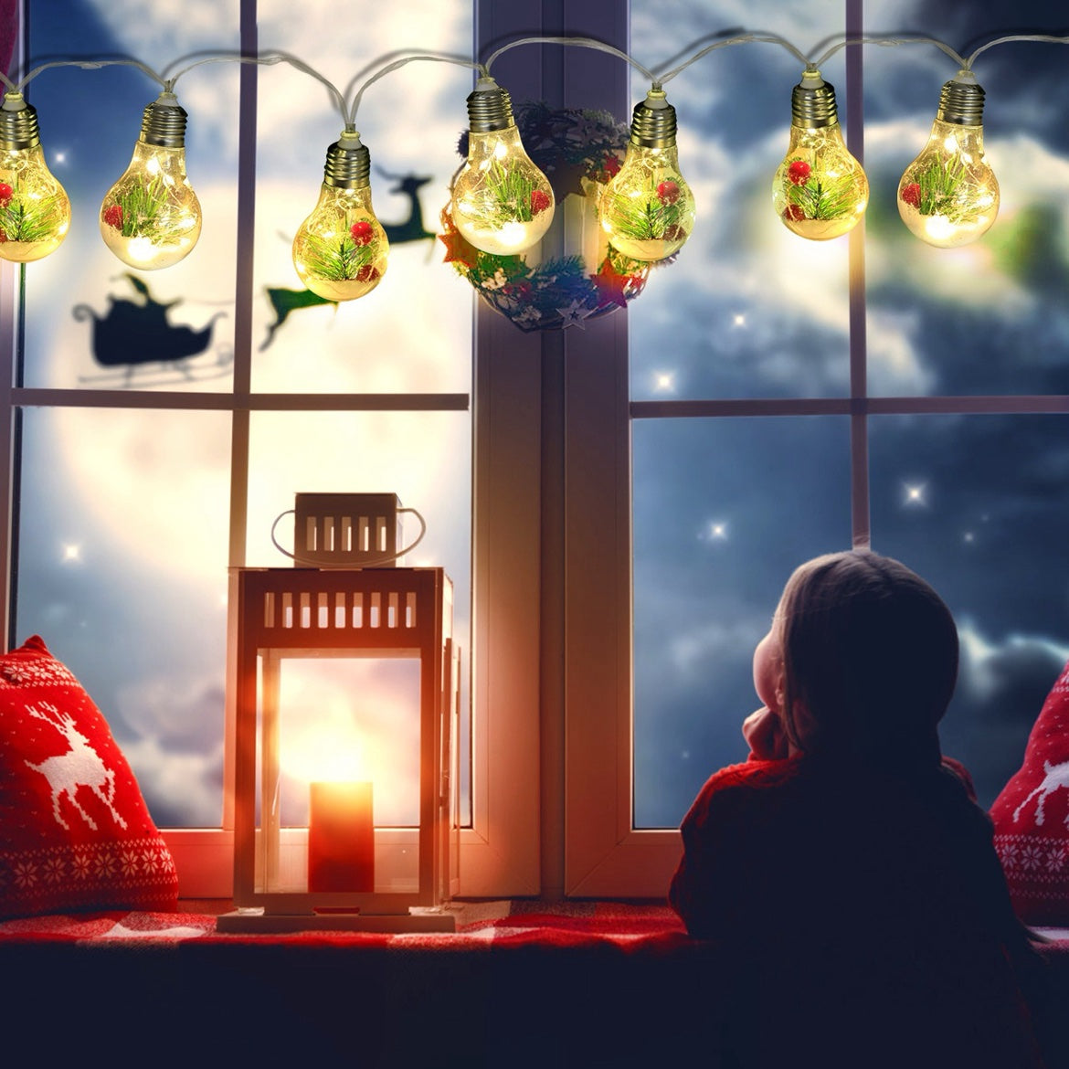 Christmas Snow Globe String Lights — 10 LED Globe Fairy Lights with Pine Needles & Snowflakes, 13.78FT, Battery Powered