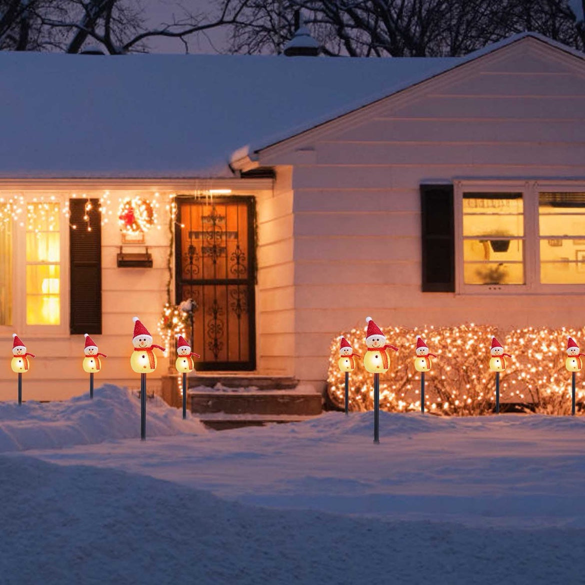 Christmas Solar Snowman Garden Stake Lights — Set of 3 Snowmen Pathway Lights, IP55 Waterproof, Warm White LED