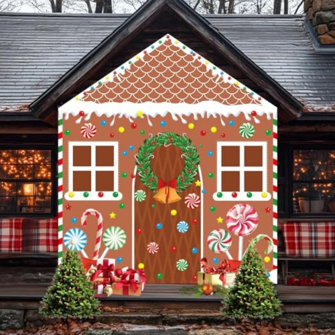 Christmas Gingerbread House Door Cover (4-Piece Set) — Festive Door Decoration with Rope & Glue Dots