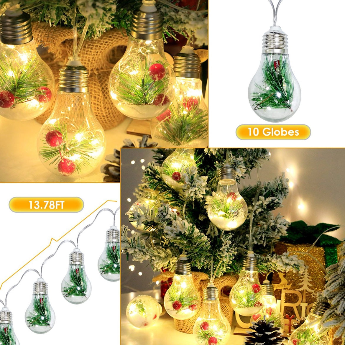 Christmas Snow Globe String Lights — 10 LED Globe Fairy Lights with Pine Needles & Snowflakes, 13.78FT, Battery Powered
