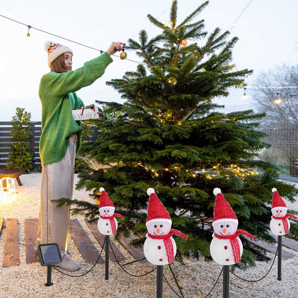 Christmas Solar Snowman Garden Stake Lights — Set of 3 Snowmen Pathway Lights, IP55 Waterproof, Warm White LED