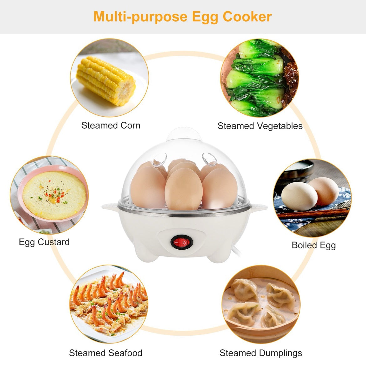 Rapid Electric Egg Cooker - 7-Egg, Auto Shut-Off, with Steamer