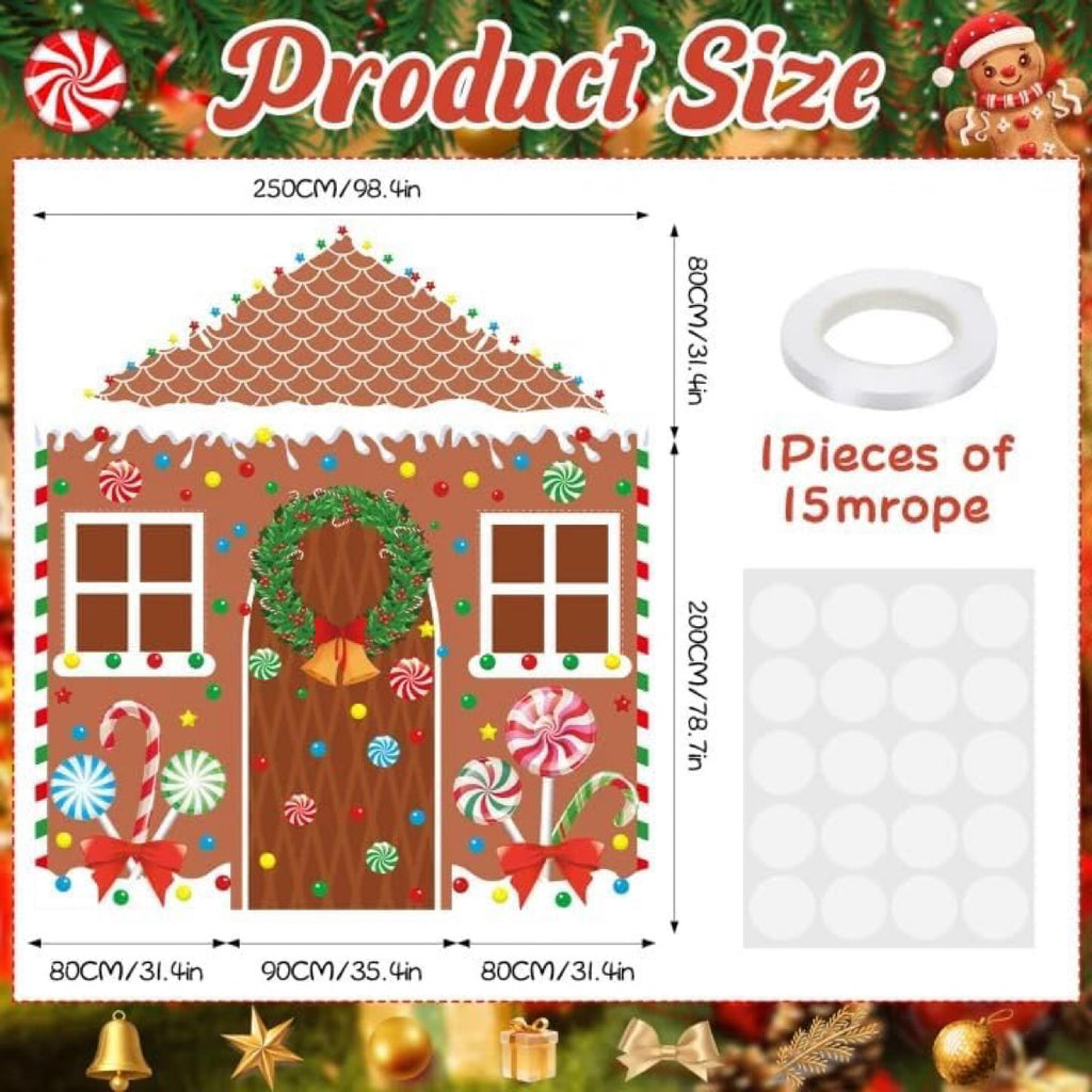 Christmas Gingerbread House Door Cover (4-Piece Set) — Festive Door Decoration with Rope & Glue Dots
