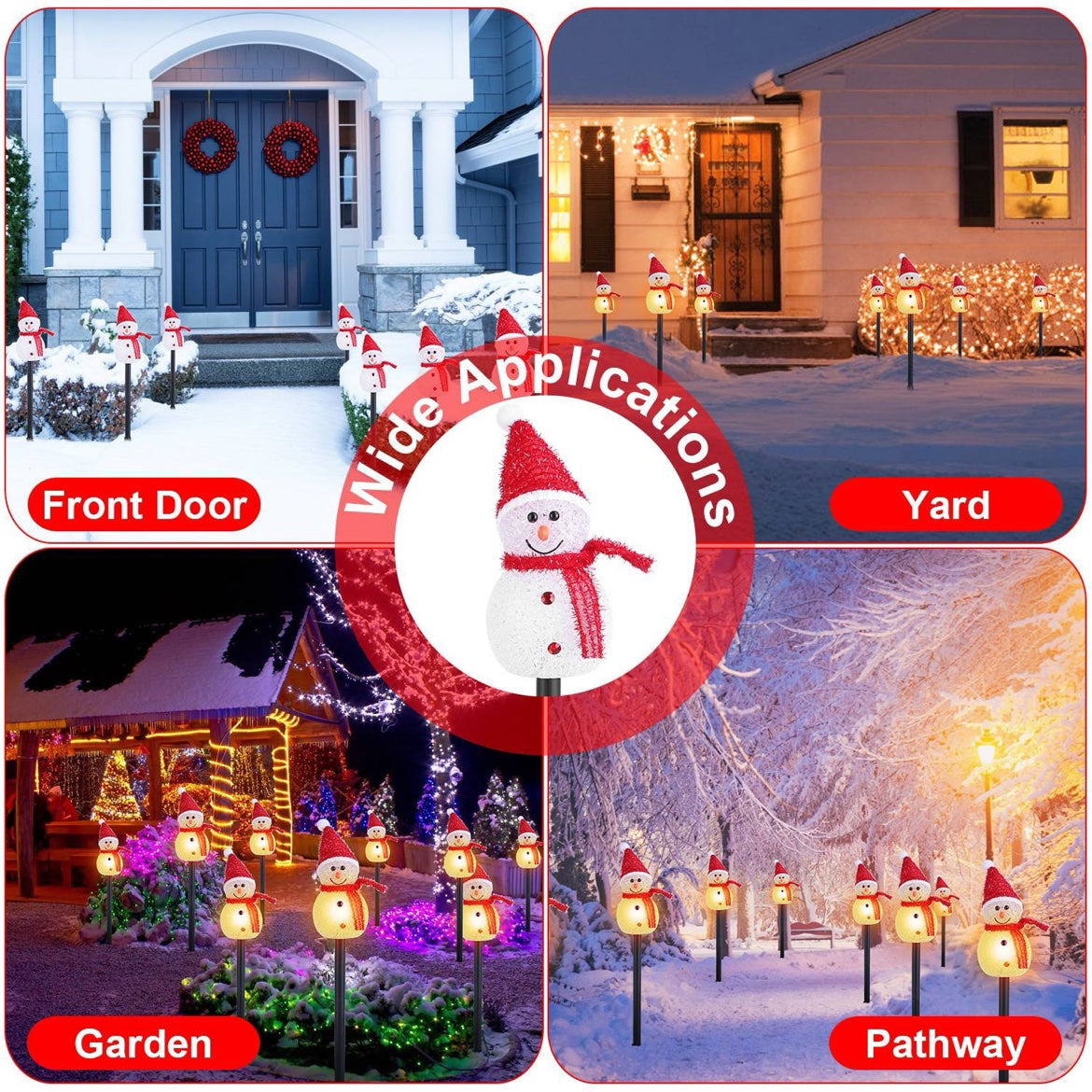 Christmas Solar Snowman Garden Stake Lights — Set of 3 Snowmen Pathway Lights, IP55 Waterproof, Warm White LED