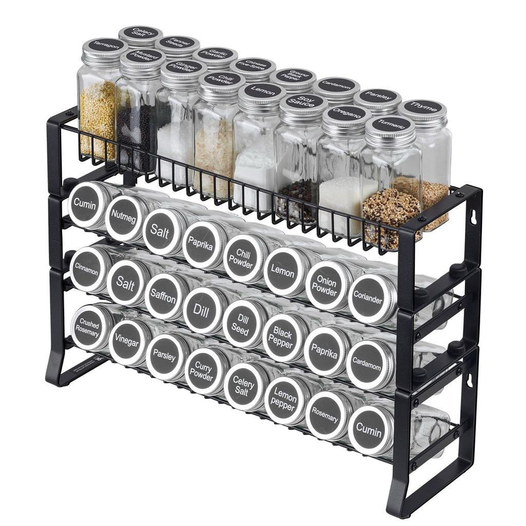 Spice jars with labels facing forward on the rack