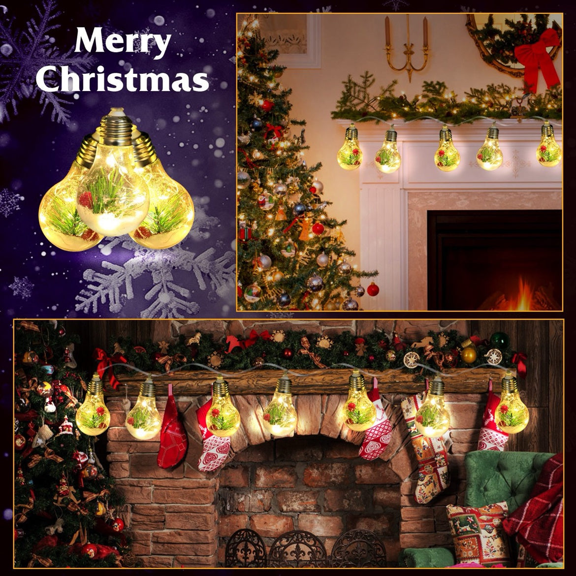 Christmas Snow Globe String Lights — 10 LED Globe Fairy Lights with Pine Needles & Snowflakes, 13.78FT, Battery Powered