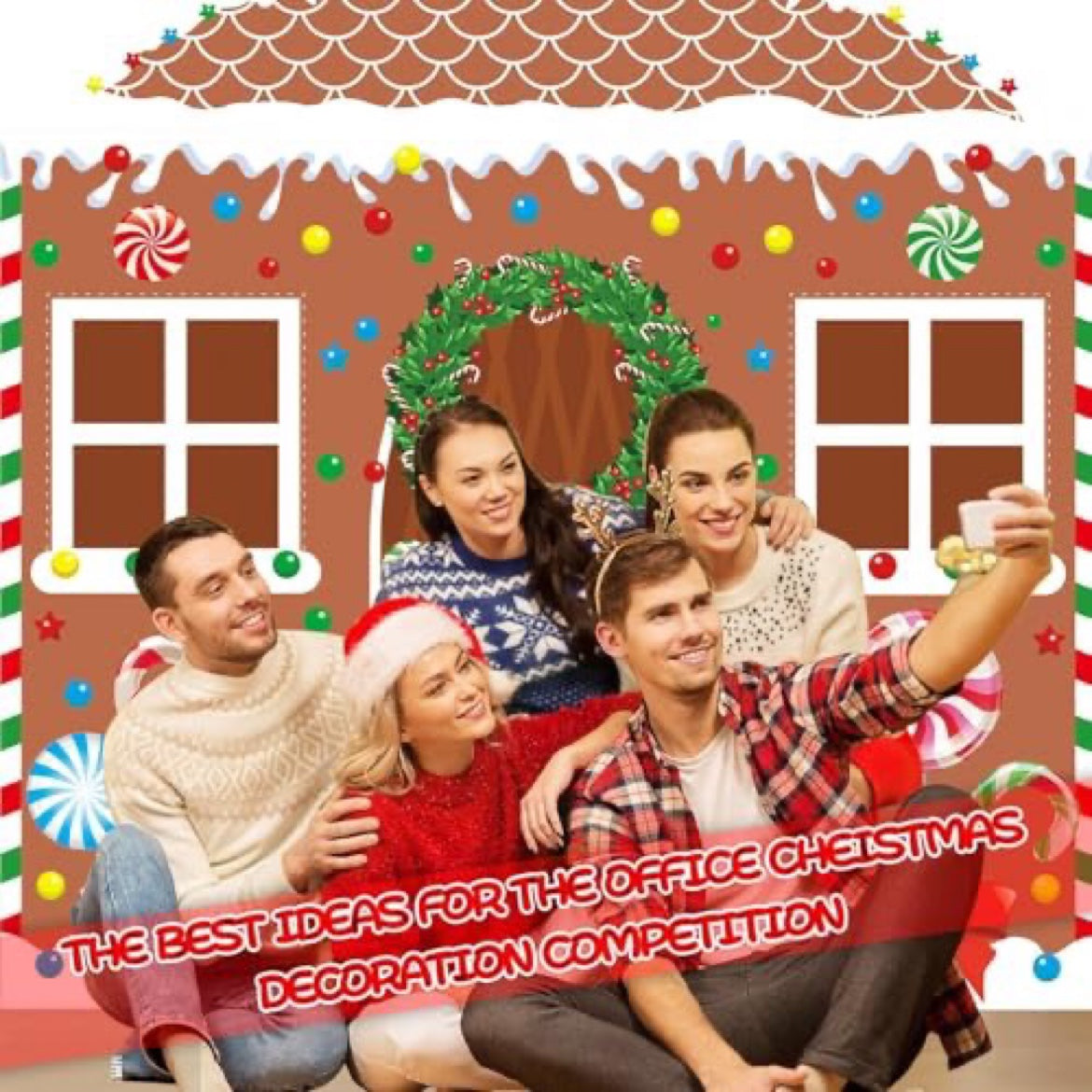 Christmas Gingerbread House Door Cover (4-Piece Set) — Festive Door Decoration with Rope & Glue Dots