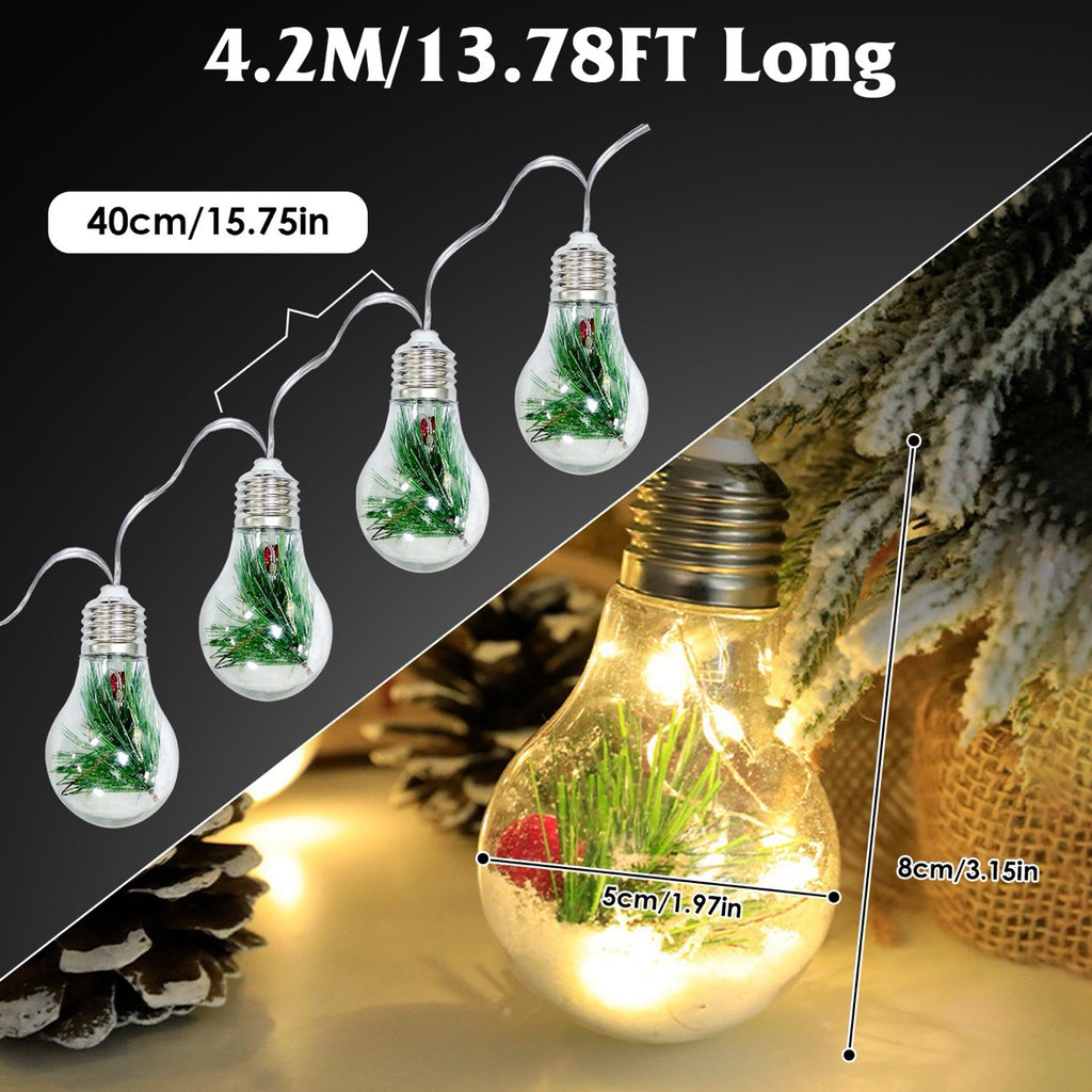 Christmas Snow Globe String Lights — 10 LED Globe Fairy Lights with Pine Needles & Snowflakes, 13.78FT, Battery Powered