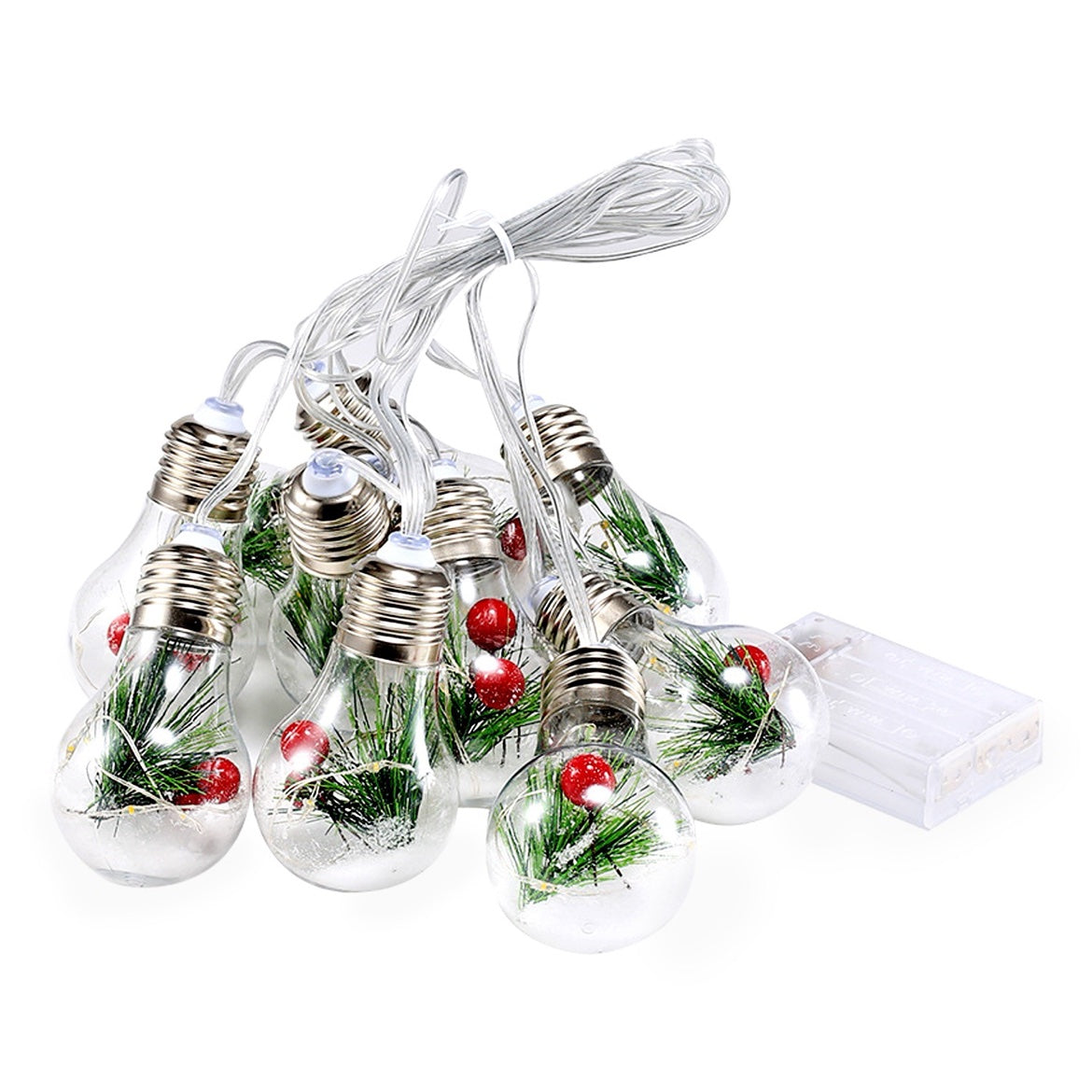 Christmas Snow Globe String Lights — 10 LED Globe Fairy Lights with Pine Needles & Snowflakes, 13.78FT, Battery Powered
