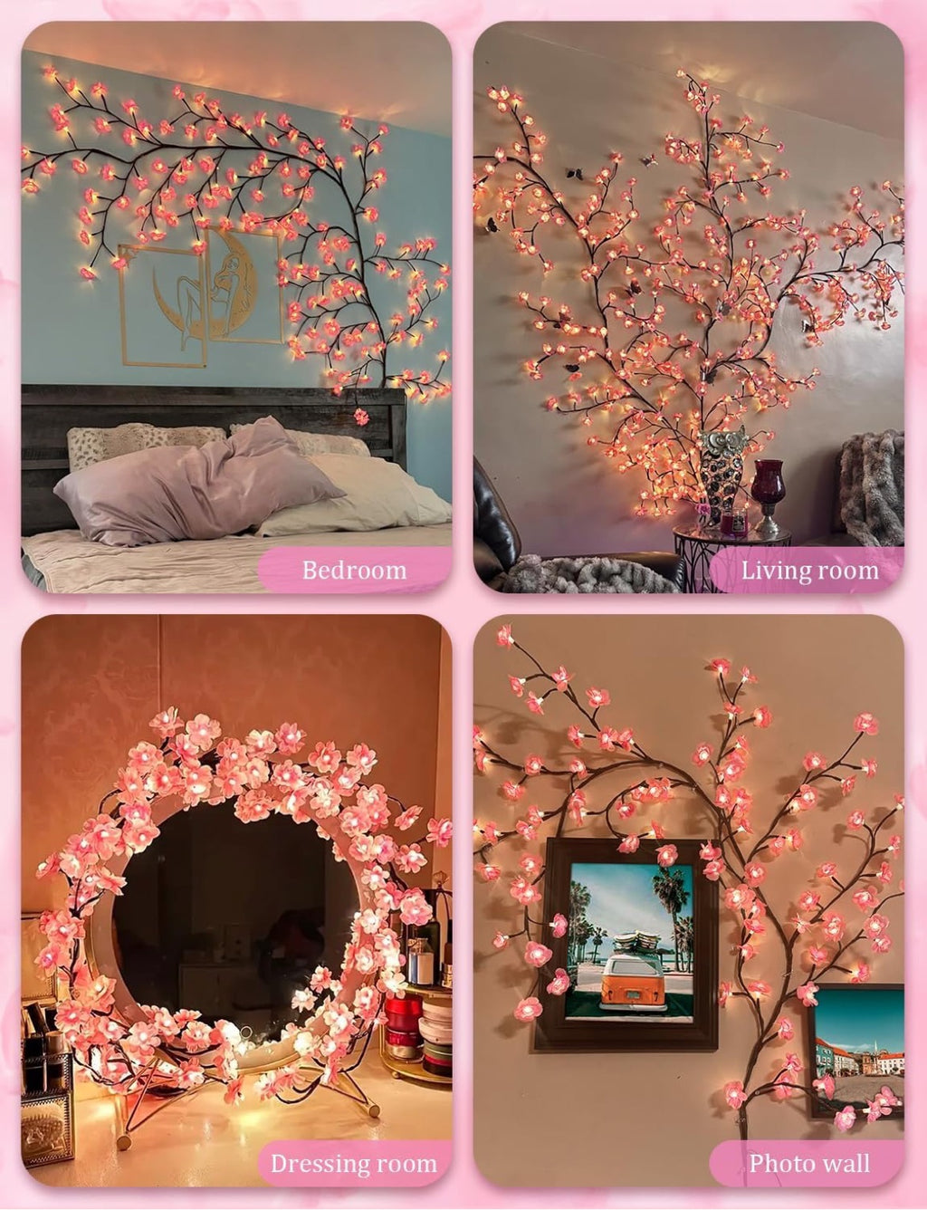 Cherry blossom vine lights in bedroom living room dressing room and photo wall