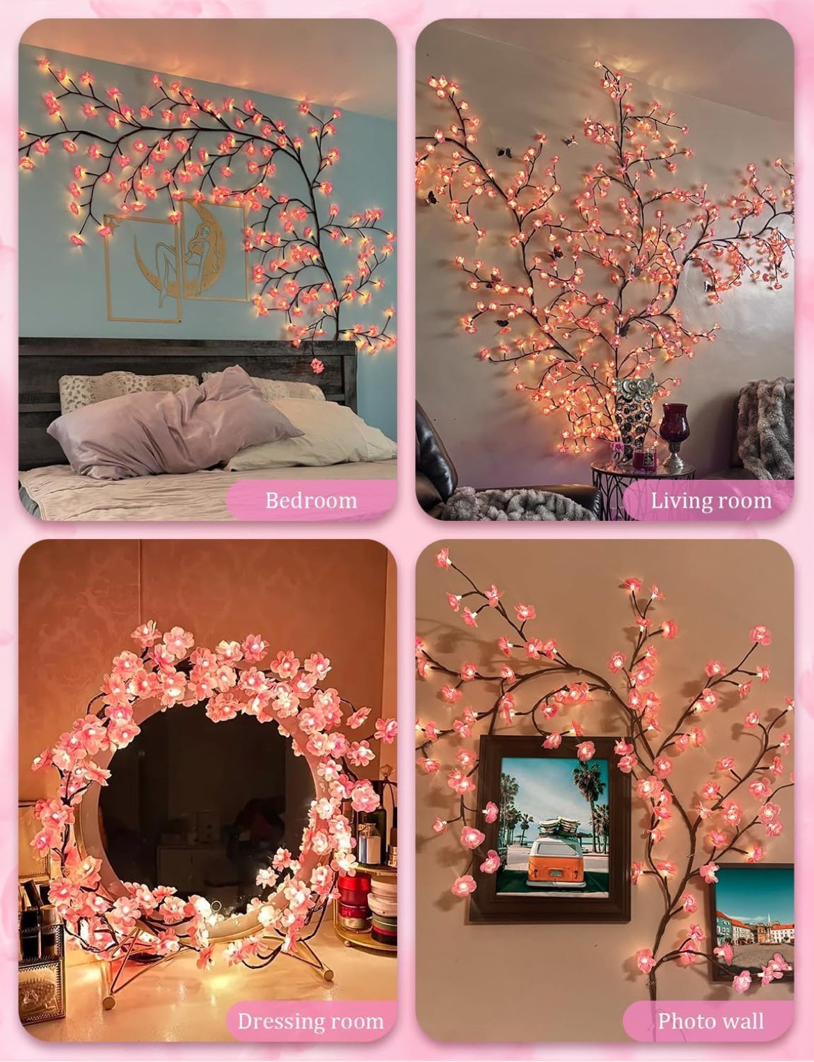 Cherry blossom vine lights in bedroom living room dressing room and photo wall