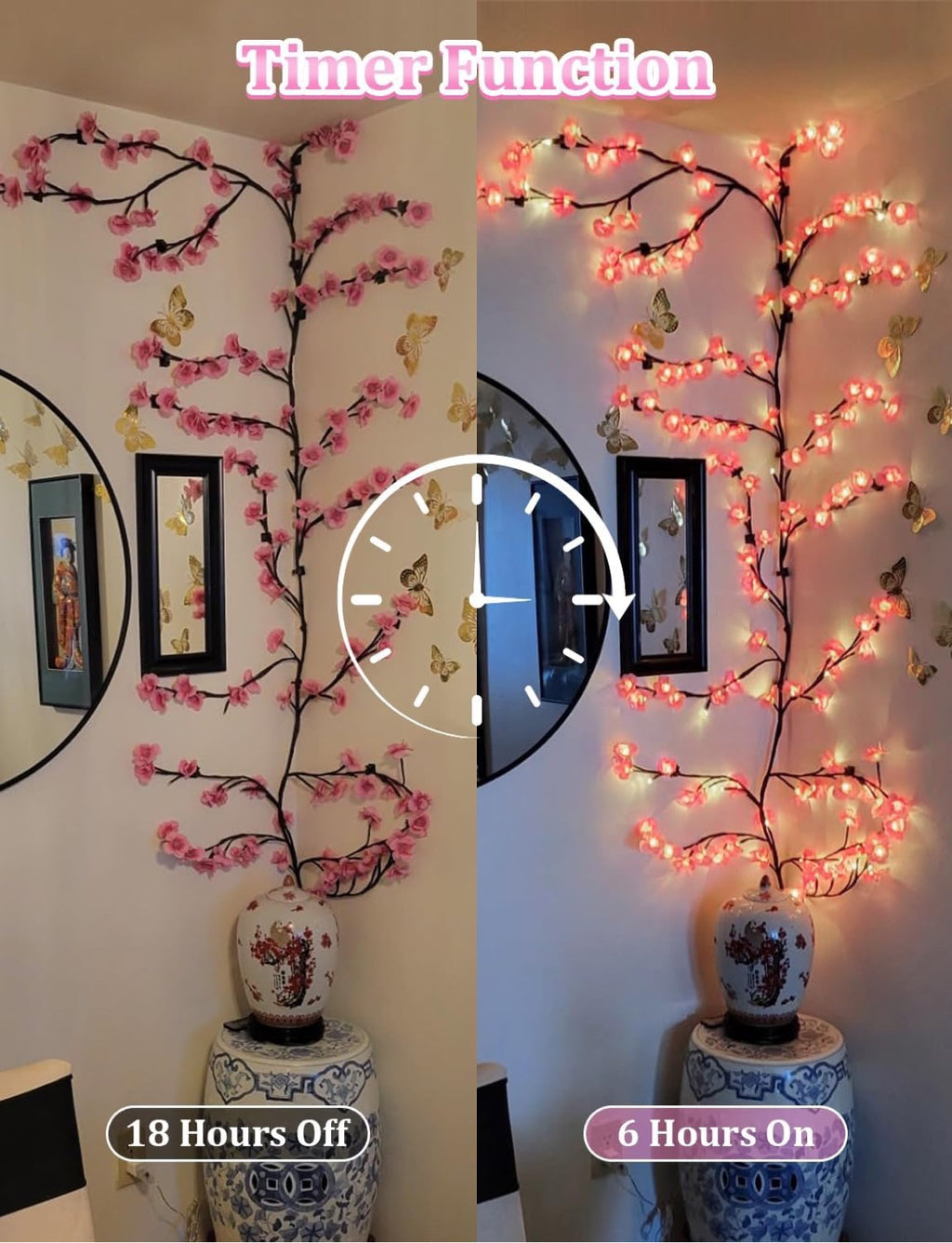 Cherry blossom branch lights timer function 6 hours on 18 hours off