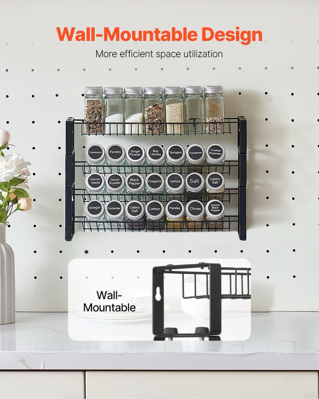 Spice rack mounted on a kitchen wall