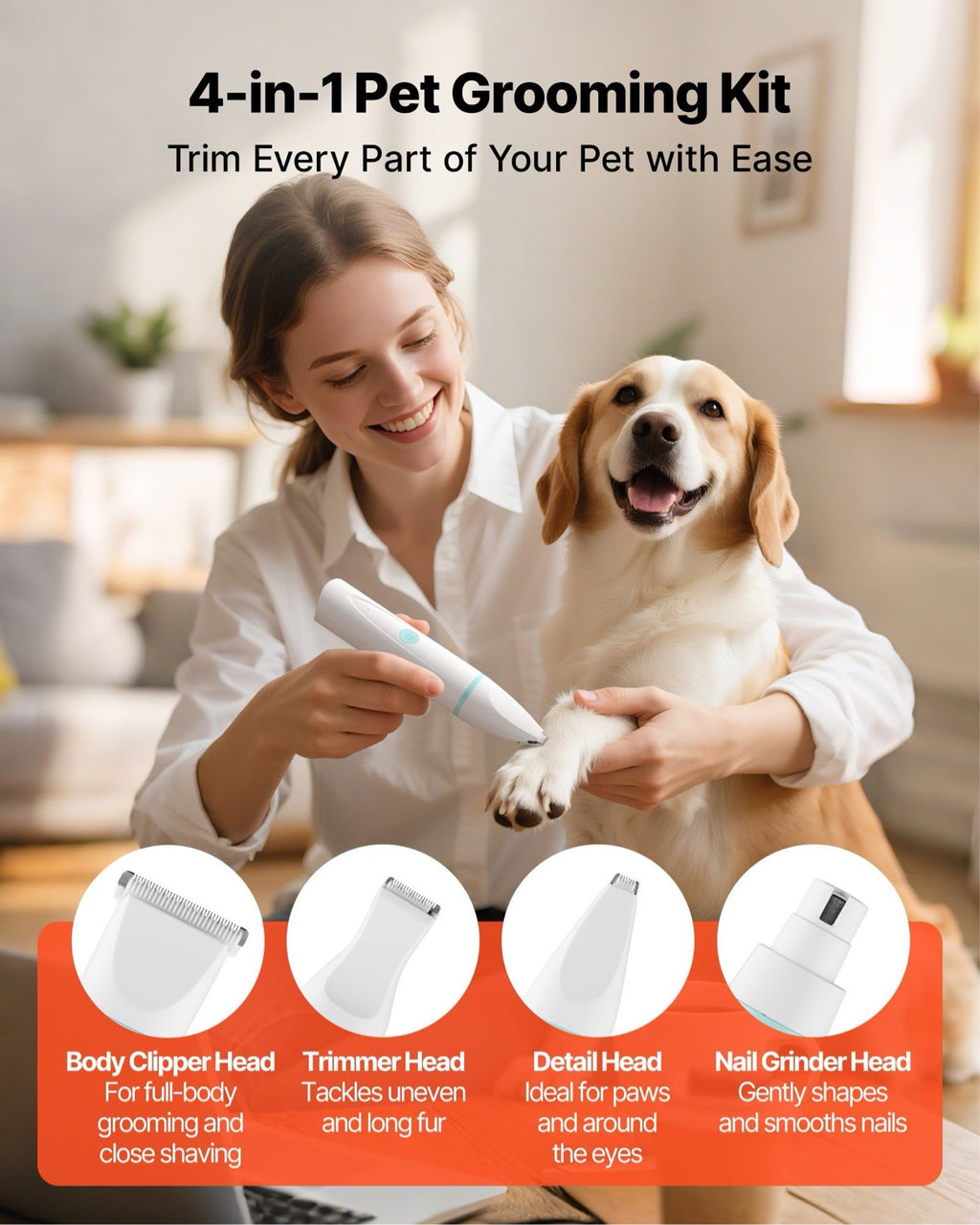 4-in-1 Pet Grooming Kit - Clipper, Trimmer, Detailer and Nail Grinder