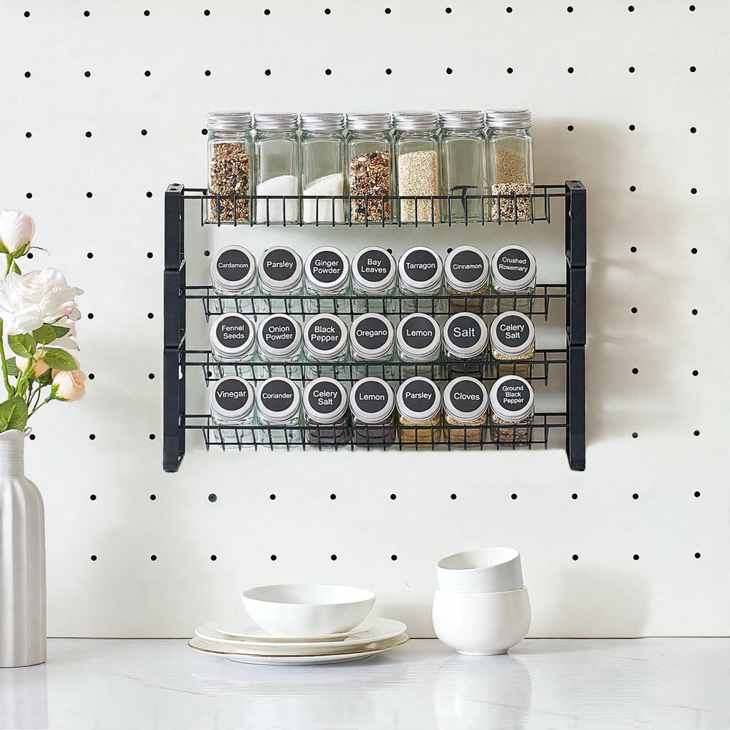 4-tier spice rack organizer filled with spice jars on a kitchen counter