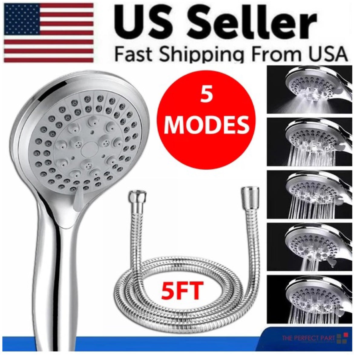 High Pressure Shower Head - 5-Setting Handheld Shower Head with 5FT Hose